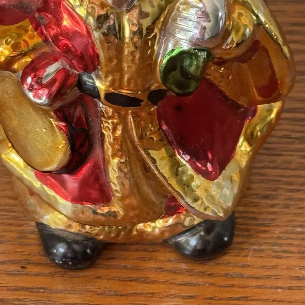 Vintage Metal Santa Shine Glaze Chrome Christmas Sack 4 1/2” Tall Holiday Decor